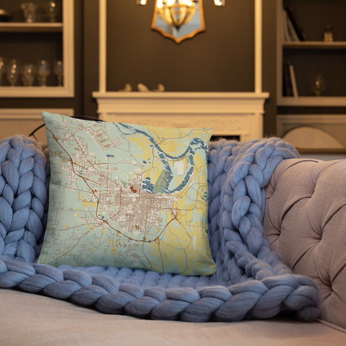 Custom Pine Bluff Arkansas Map Throw Pillow in Woodblock on Cream Colored Couch