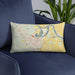 Custom Pine Bluff Arkansas Map Throw Pillow in Woodblock on Blue Colored Chair