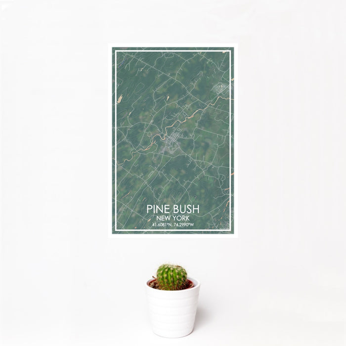 12x18 Pine Bush New York Map Print Portrait Orientation in Afternoon Style With Small Cactus Plant in White Planter