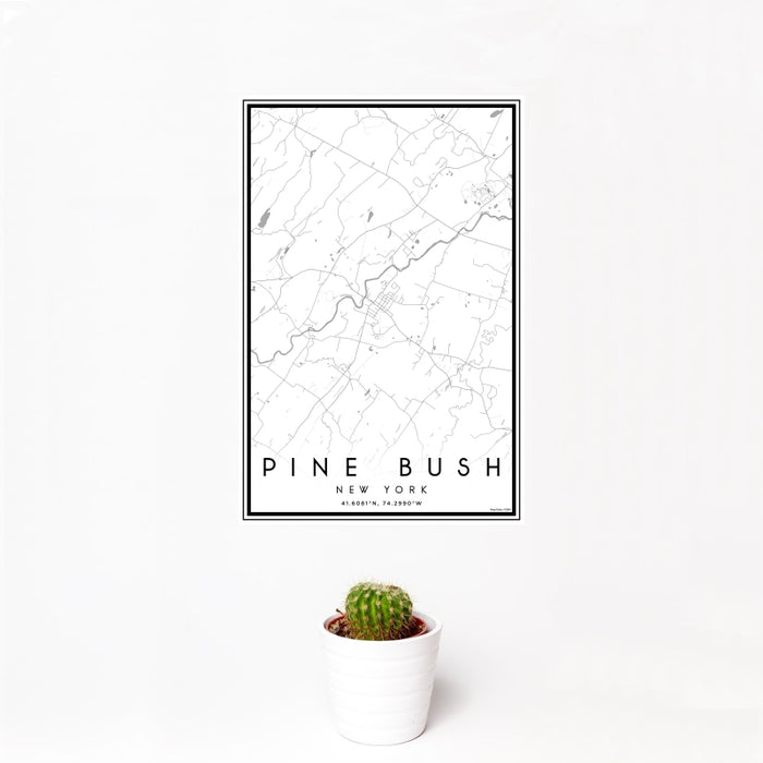 12x18 Pine Bush New York Map Print Portrait Orientation in Classic Style With Small Cactus Plant in White Planter
