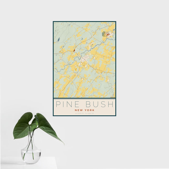 16x24 Pine Bush New York Map Print Portrait Orientation in Woodblock Style With Tropical Plant Leaves in Water