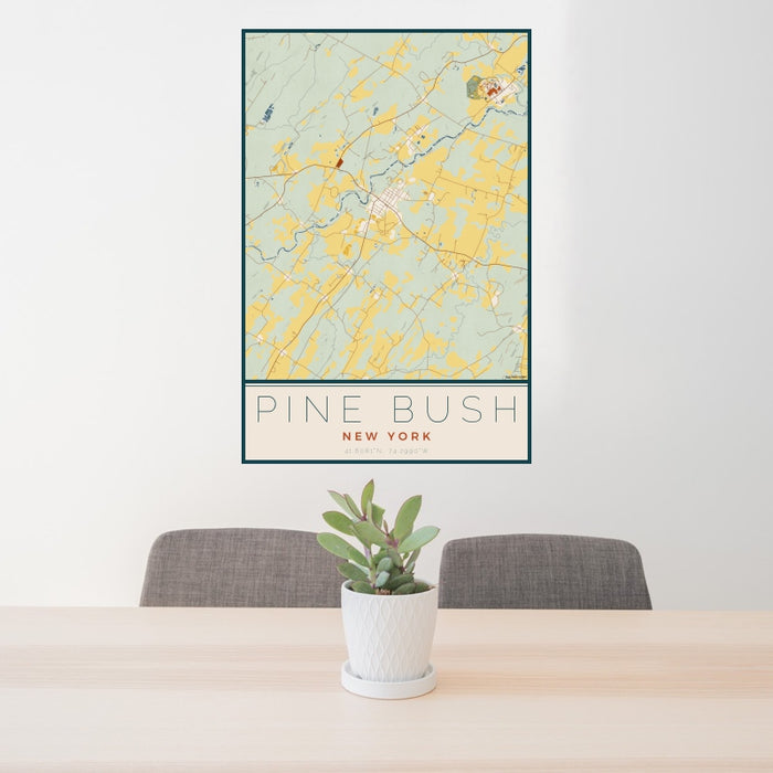 24x36 Pine Bush New York Map Print Portrait Orientation in Woodblock Style Behind 2 Chairs Table and Potted Plant