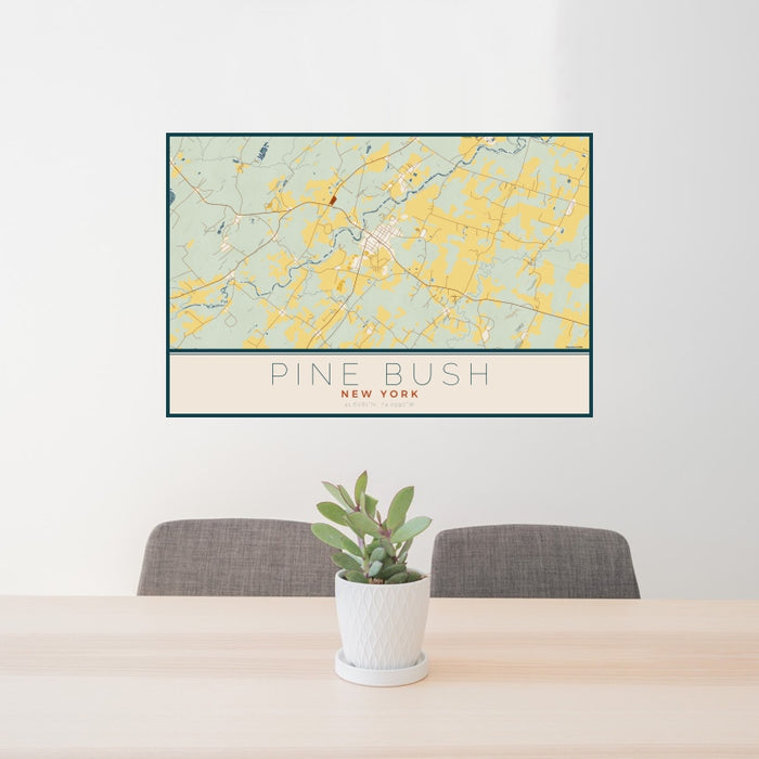 24x36 Pine Bush New York Map Print Landscape Orientation in Woodblock Style Behind 2 Chairs Table and Potted Plant