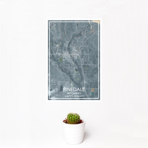 12x18 Pinedale Wyoming Map Print Portrait Orientation in Afternoon Style With Small Cactus Plant in White Planter