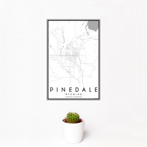 12x18 Pinedale Wyoming Map Print Portrait Orientation in Classic Style With Small Cactus Plant in White Planter