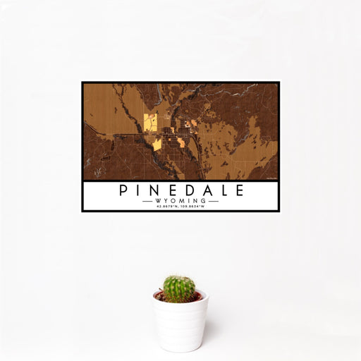 12x18 Pinedale Wyoming Map Print Landscape Orientation in Ember Style With Small Cactus Plant in White Planter