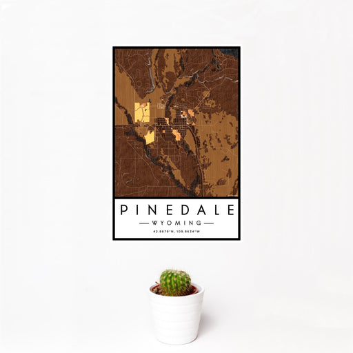 12x18 Pinedale Wyoming Map Print Portrait Orientation in Ember Style With Small Cactus Plant in White Planter
