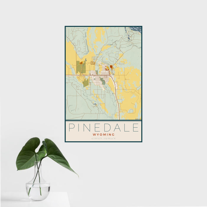 16x24 Pinedale Wyoming Map Print Portrait Orientation in Woodblock Style With Tropical Plant Leaves in Water