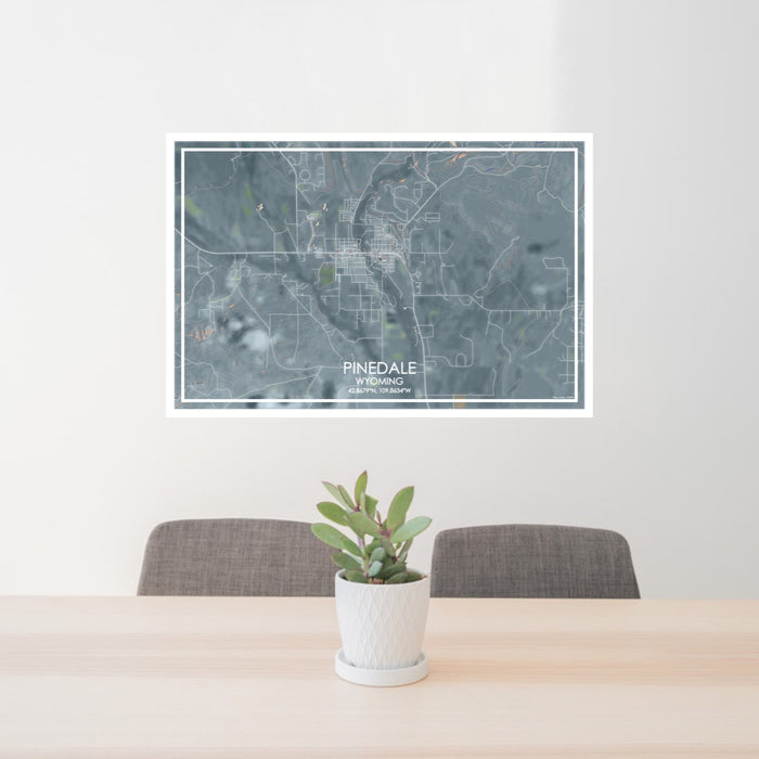 24x36 Pinedale Wyoming Map Print Lanscape Orientation in Afternoon Style Behind 2 Chairs Table and Potted Plant