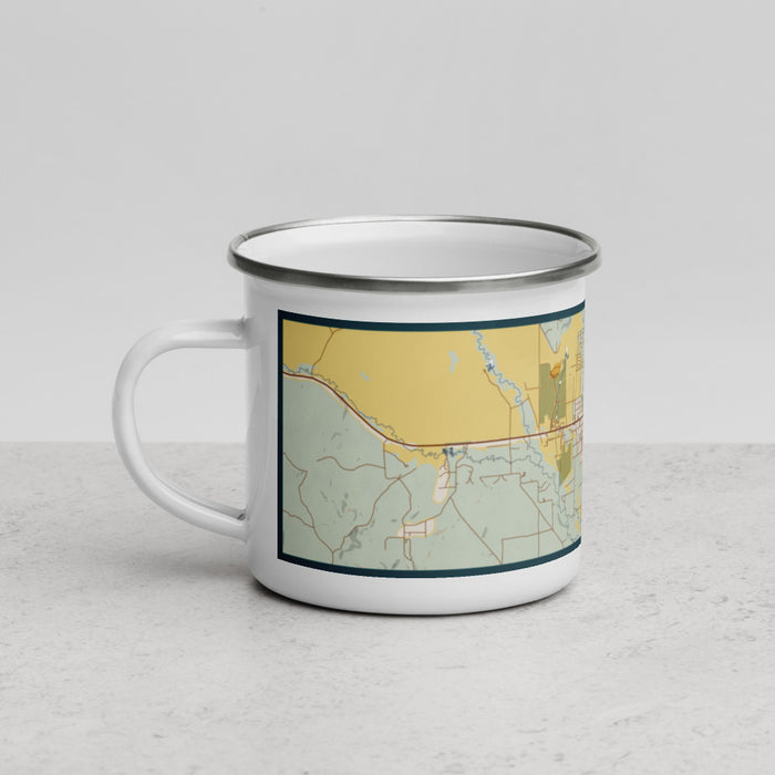 Left View Custom Pinedale Wyoming Map Enamel Mug in Woodblock