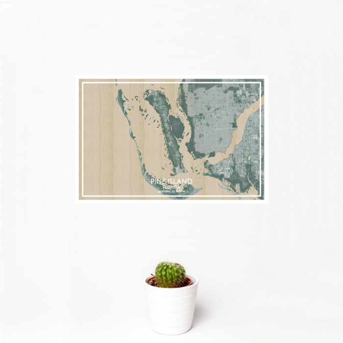 12x18 Pine Island Florida Map Print Landscape Orientation in Afternoon Style With Small Cactus Plant in White Planter