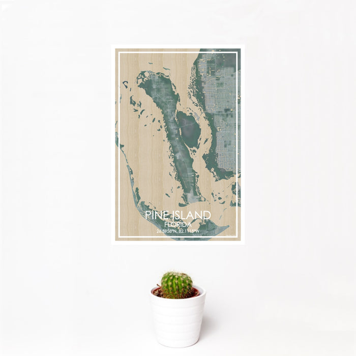 12x18 Pine Island Florida Map Print Portrait Orientation in Afternoon Style With Small Cactus Plant in White Planter