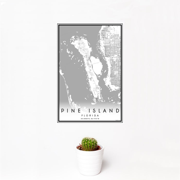 12x18 Pine Island Florida Map Print Portrait Orientation in Classic Style With Small Cactus Plant in White Planter