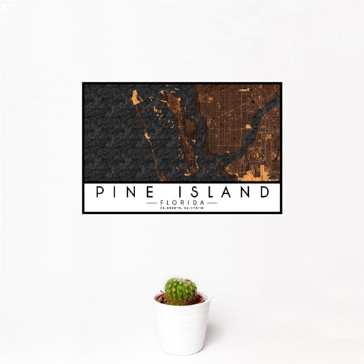 12x18 Pine Island Florida Map Print Landscape Orientation in Ember Style With Small Cactus Plant in White Planter