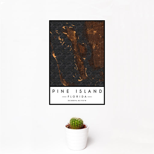 12x18 Pine Island Florida Map Print Portrait Orientation in Ember Style With Small Cactus Plant in White Planter