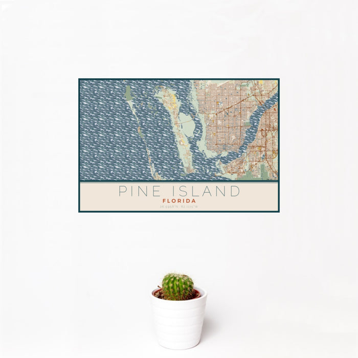 12x18 Pine Island Florida Map Print Landscape Orientation in Woodblock Style With Small Cactus Plant in White Planter