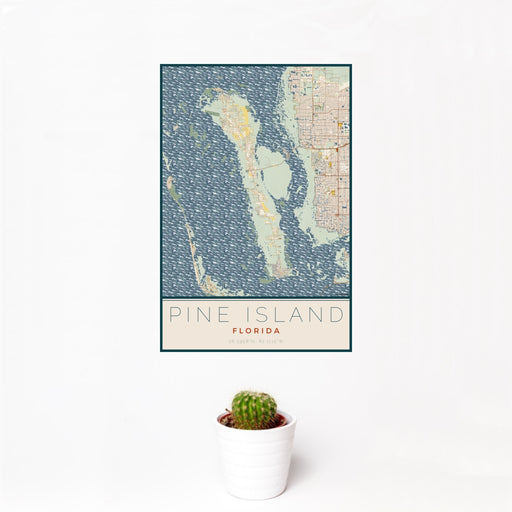12x18 Pine Island Florida Map Print Portrait Orientation in Woodblock Style With Small Cactus Plant in White Planter