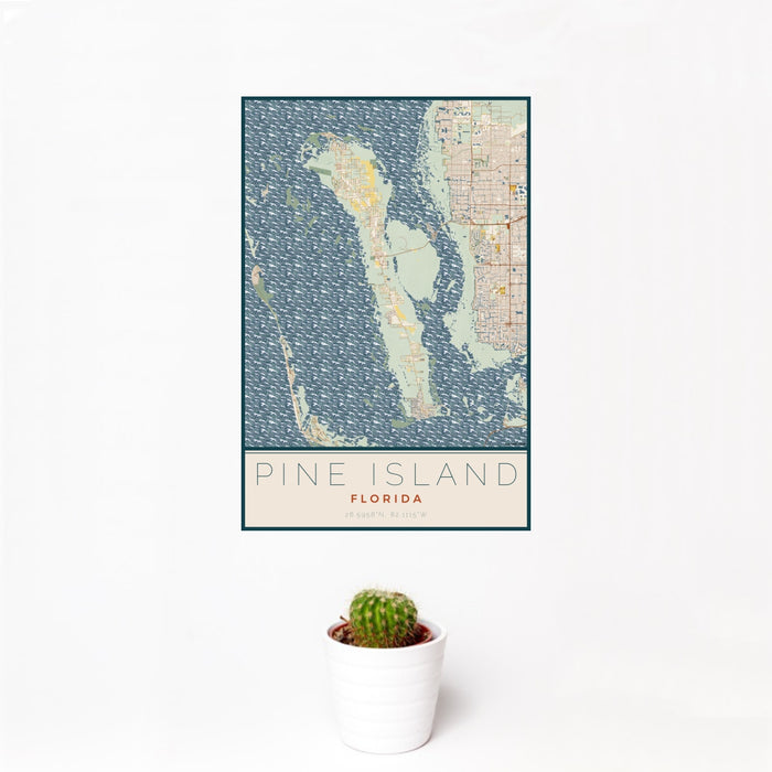 12x18 Pine Island Florida Map Print Portrait Orientation in Woodblock Style With Small Cactus Plant in White Planter