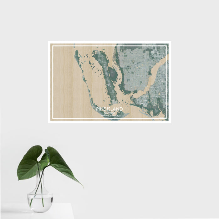 16x24 Pine Island Florida Map Print Landscape Orientation in Afternoon Style With Tropical Plant Leaves in Water