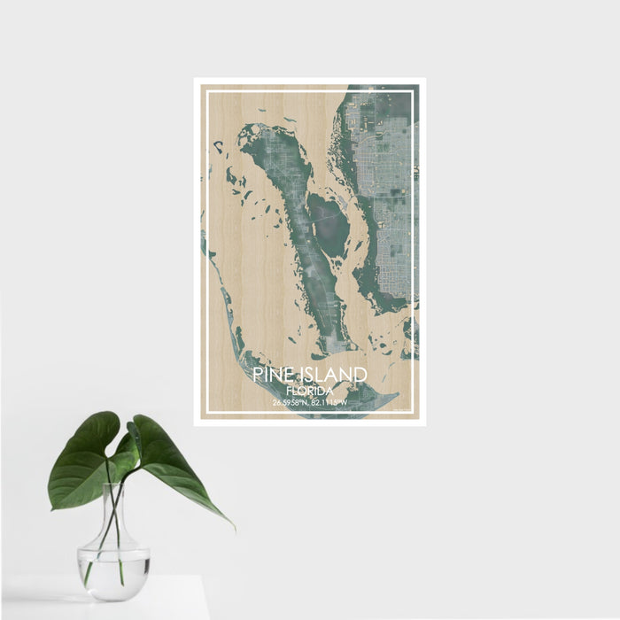 16x24 Pine Island Florida Map Print Portrait Orientation in Afternoon Style With Tropical Plant Leaves in Water