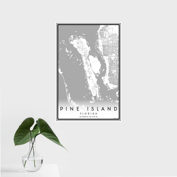 16x24 Pine Island Florida Map Print Portrait Orientation in Classic Style With Tropical Plant Leaves in Water