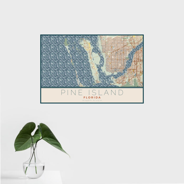 16x24 Pine Island Florida Map Print Landscape Orientation in Woodblock Style With Tropical Plant Leaves in Water