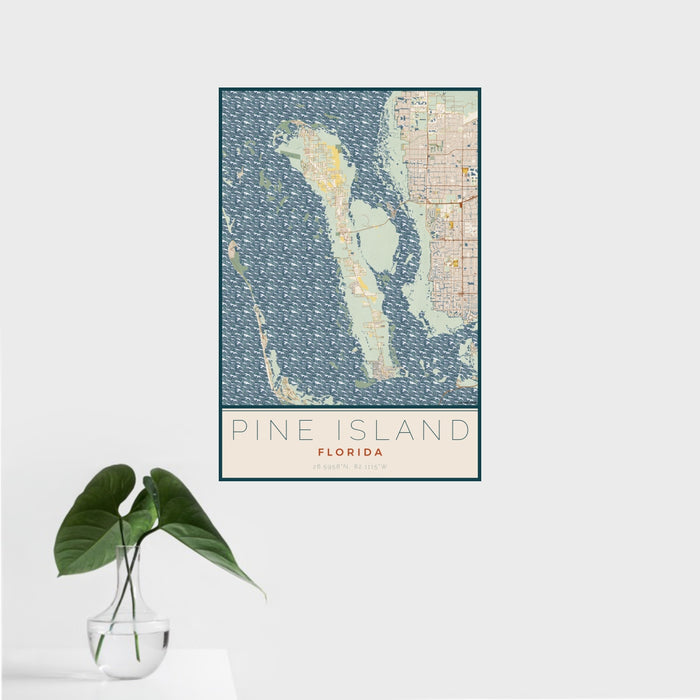 16x24 Pine Island Florida Map Print Portrait Orientation in Woodblock Style With Tropical Plant Leaves in Water