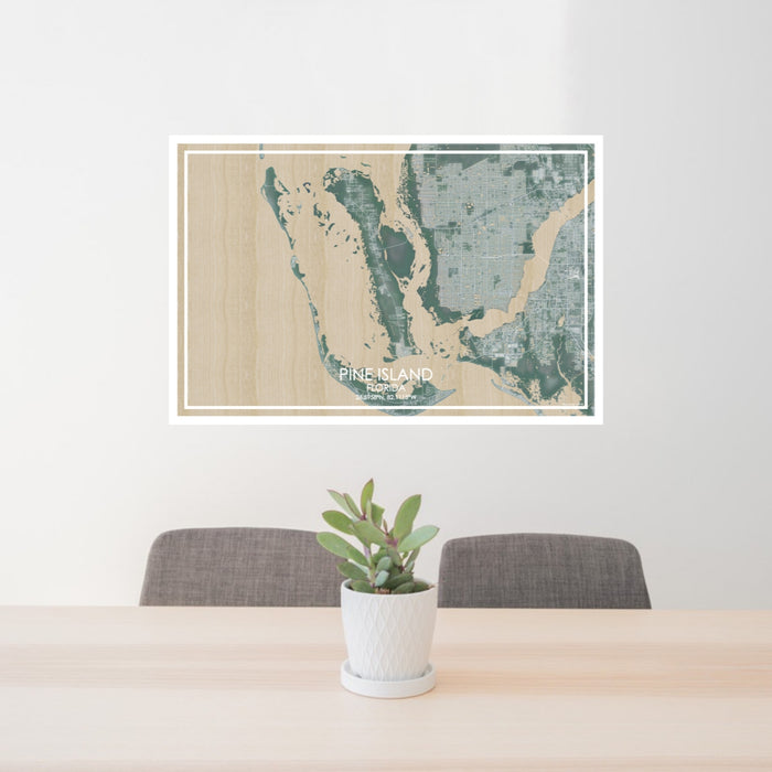 24x36 Pine Island Florida Map Print Lanscape Orientation in Afternoon Style Behind 2 Chairs Table and Potted Plant