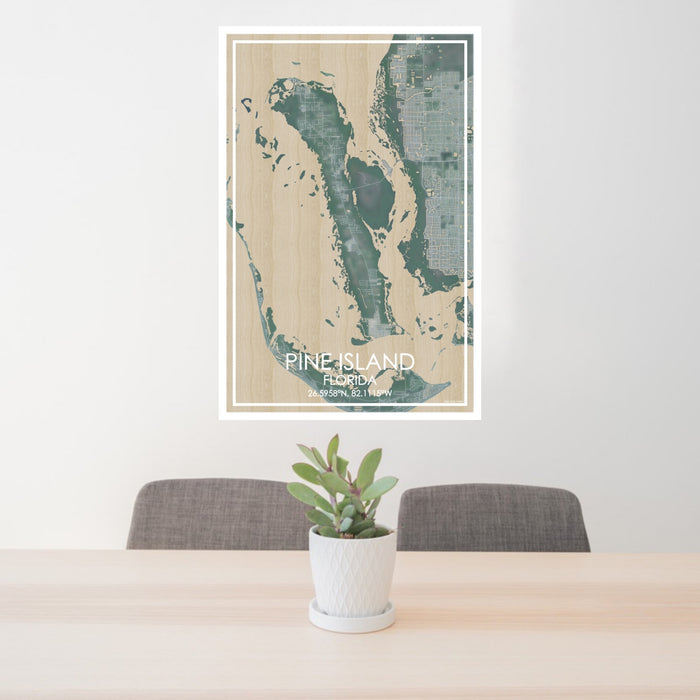 24x36 Pine Island Florida Map Print Portrait Orientation in Afternoon Style Behind 2 Chairs Table and Potted Plant
