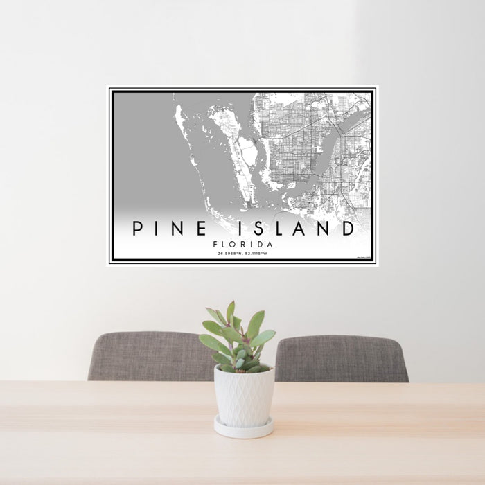 24x36 Pine Island Florida Map Print Lanscape Orientation in Classic Style Behind 2 Chairs Table and Potted Plant