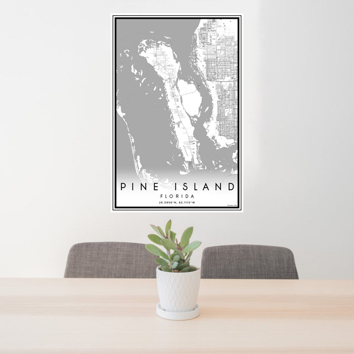 24x36 Pine Island Florida Map Print Portrait Orientation in Classic Style Behind 2 Chairs Table and Potted Plant