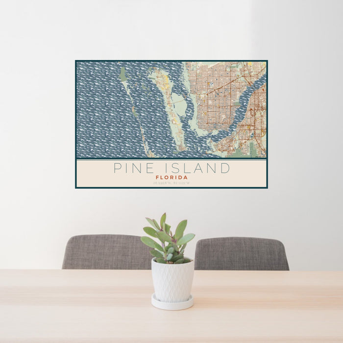24x36 Pine Island Florida Map Print Lanscape Orientation in Woodblock Style Behind 2 Chairs Table and Potted Plant