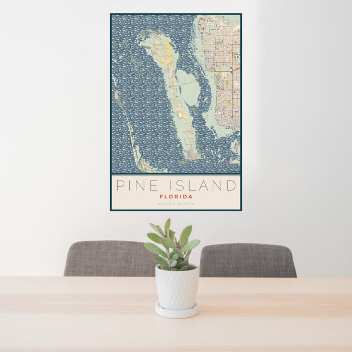 24x36 Pine Island Florida Map Print Portrait Orientation in Woodblock Style Behind 2 Chairs Table and Potted Plant