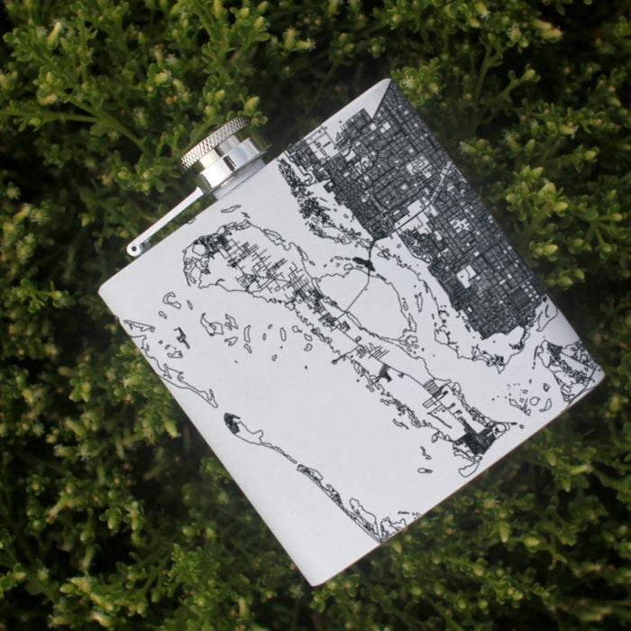 Pine Island Florida Custom Engraved City Map Inscription Coordinates on 6oz Stainless Steel Flask in White