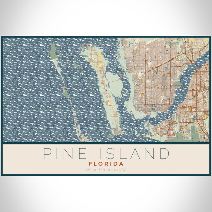 Pine Island Florida Map Print Landscape Orientation in Woodblock Style With Shaded Background