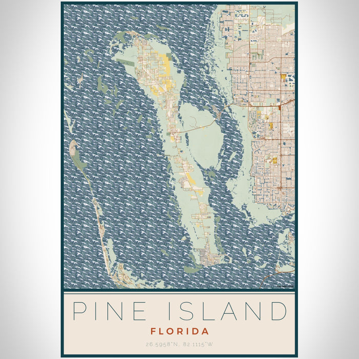 Pine Island Florida Map Print Portrait Orientation in Woodblock Style With Shaded Background