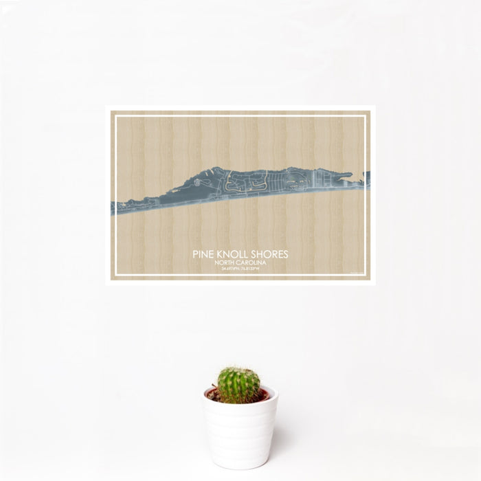 12x18 Pine Knoll Shores North Carolina Map Print Landscape Orientation in Afternoon Style With Small Cactus Plant in White Planter