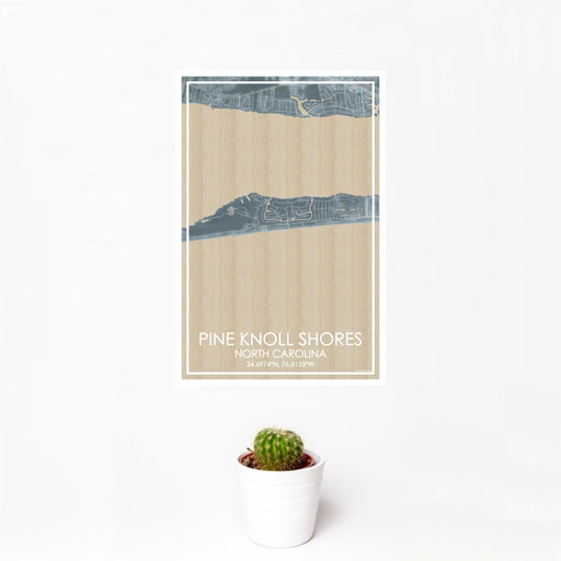 12x18 Pine Knoll Shores North Carolina Map Print Portrait Orientation in Afternoon Style With Small Cactus Plant in White Planter