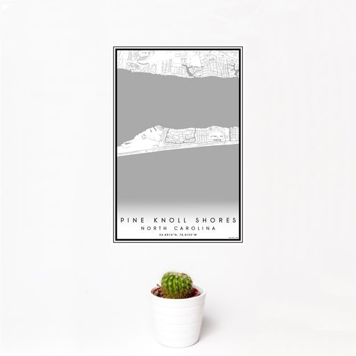 12x18 Pine Knoll Shores North Carolina Map Print Portrait Orientation in Classic Style With Small Cactus Plant in White Planter