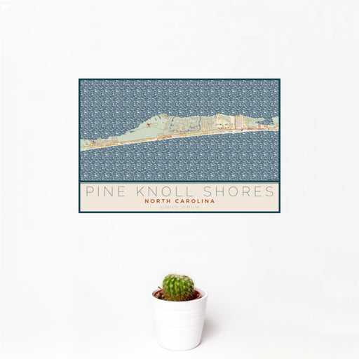 12x18 Pine Knoll Shores North Carolina Map Print Landscape Orientation in Woodblock Style With Small Cactus Plant in White Planter