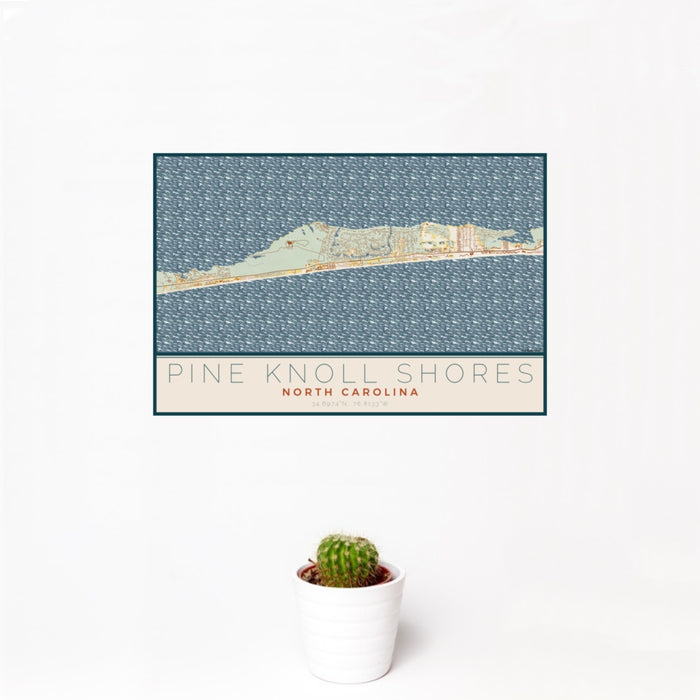 12x18 Pine Knoll Shores North Carolina Map Print Landscape Orientation in Woodblock Style With Small Cactus Plant in White Planter