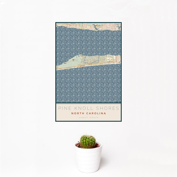 12x18 Pine Knoll Shores North Carolina Map Print Portrait Orientation in Woodblock Style With Small Cactus Plant in White Planter