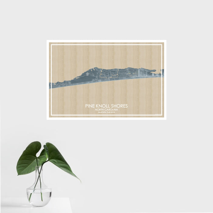 16x24 Pine Knoll Shores North Carolina Map Print Landscape Orientation in Afternoon Style With Tropical Plant Leaves in Water
