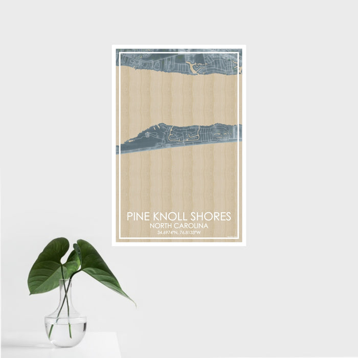 16x24 Pine Knoll Shores North Carolina Map Print Portrait Orientation in Afternoon Style With Tropical Plant Leaves in Water