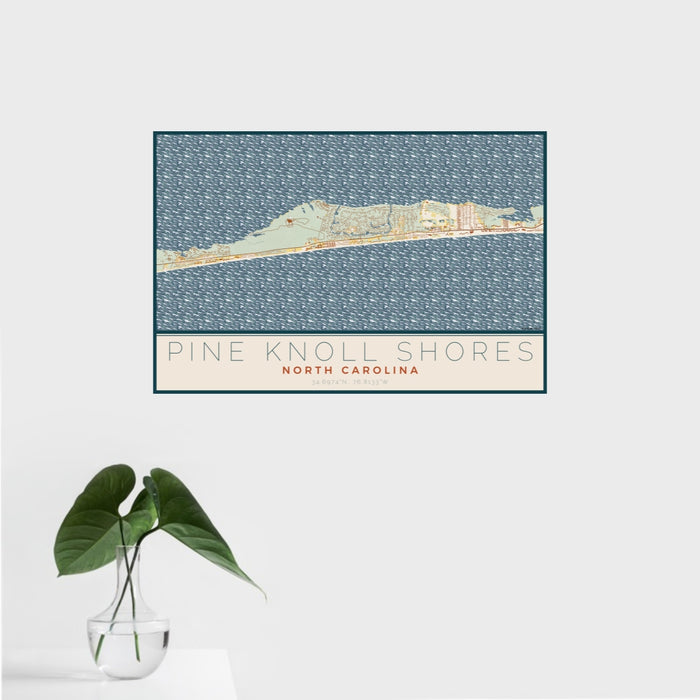 16x24 Pine Knoll Shores North Carolina Map Print Landscape Orientation in Woodblock Style With Tropical Plant Leaves in Water