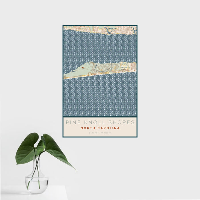 16x24 Pine Knoll Shores North Carolina Map Print Portrait Orientation in Woodblock Style With Tropical Plant Leaves in Water