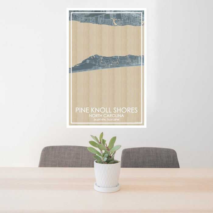 24x36 Pine Knoll Shores North Carolina Map Print Portrait Orientation in Afternoon Style Behind 2 Chairs Table and Potted Plant