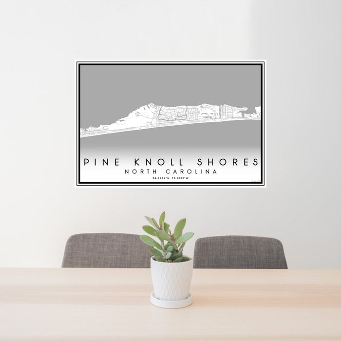 24x36 Pine Knoll Shores North Carolina Map Print Lanscape Orientation in Classic Style Behind 2 Chairs Table and Potted Plant