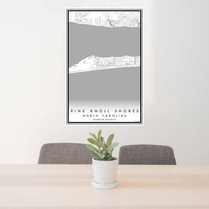24x36 Pine Knoll Shores North Carolina Map Print Portrait Orientation in Classic Style Behind 2 Chairs Table and Potted Plant