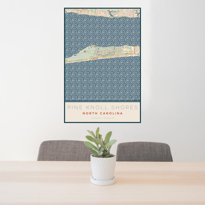 24x36 Pine Knoll Shores North Carolina Map Print Portrait Orientation in Woodblock Style Behind 2 Chairs Table and Potted Plant